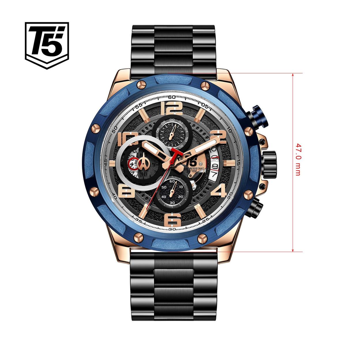 T5 montre Chronographe avec deux bracelets cuir/Acier pour homme