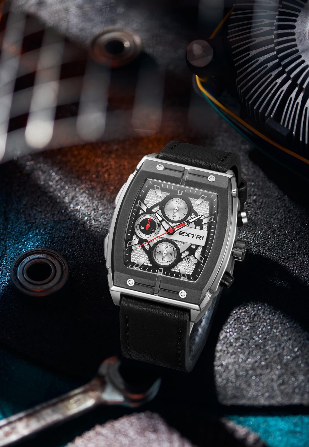 Extri Montres provoqué en cuir véritable pour hommes, forme rectangulaire, style classique, chronographe étanche, meilleur prix, nouveau cool