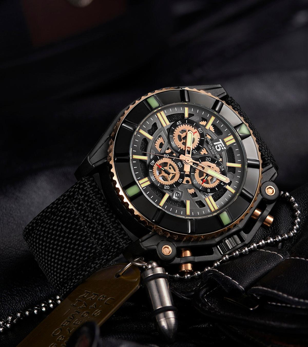 T5 watches Bracelet en acier inoxydable, 3797 hommes Analogique Chrono et date Bracelet actif nylon qualité Étanche