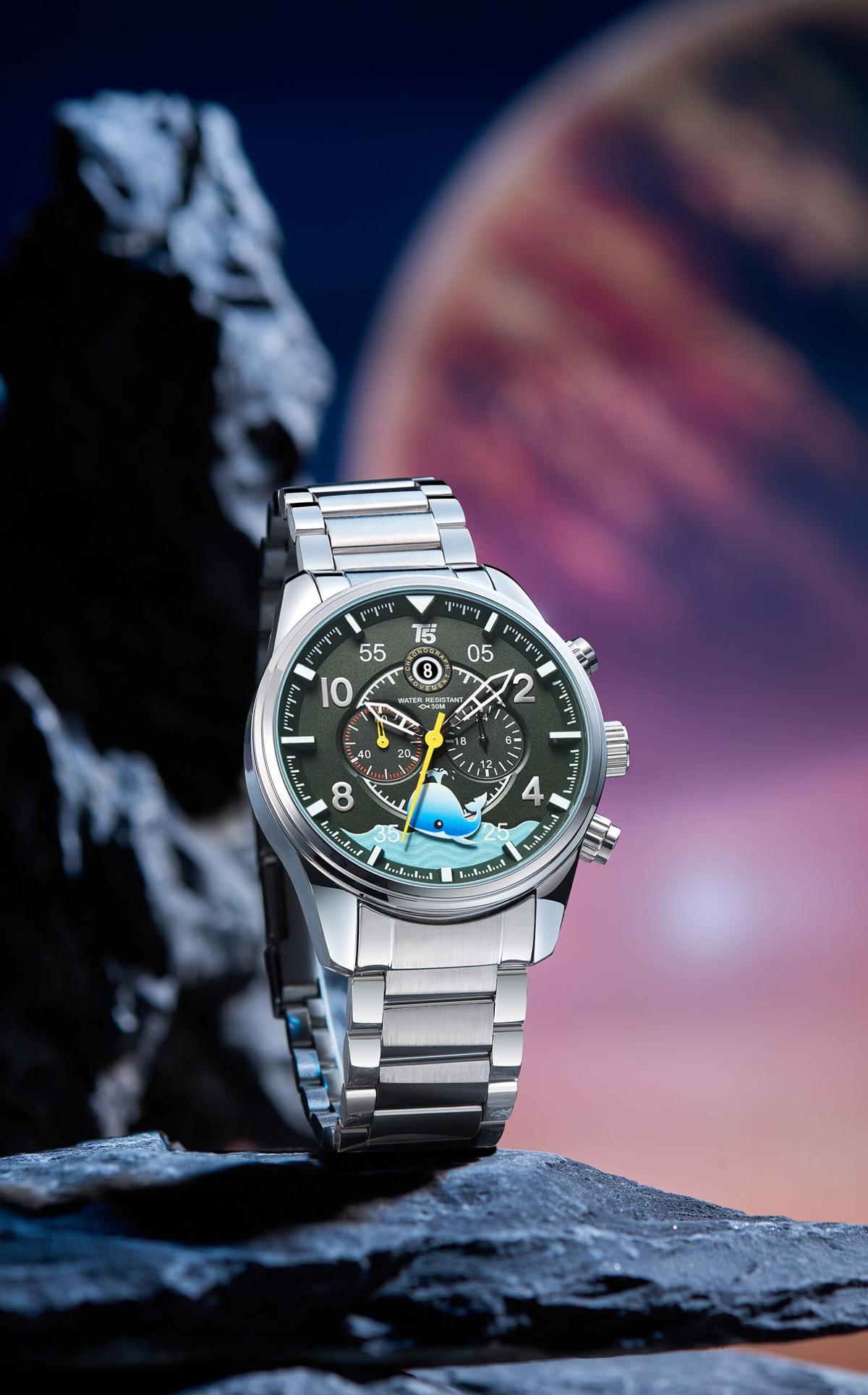 T5 Montre pour homme 3919 3D chic Chrono Bracelet en acier inoxydable, étanche