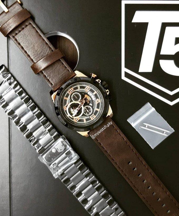 T5 montre Chronographe avec deux bracelets cuir/Acier pour homme ND