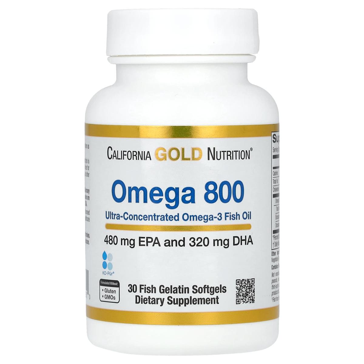 California Gold Nutrition Omega 800 Huile de poisson de qualité pharmaceutique Sous forme de triglycérides KD-Pur 1000 mg 30 capsules à enveloppe molle en gélatine de poisson