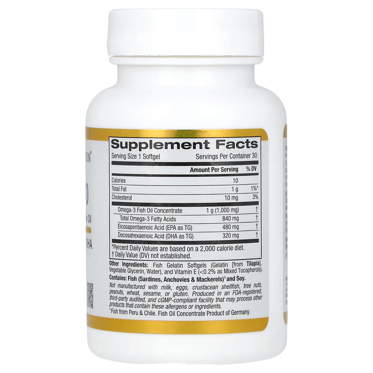 California Gold Nutrition Omega 800 Huile de poisson de qualité pharmaceutique Sous forme de triglycérides KD-Pur 1000 mg 30 capsules à enveloppe molle en gélatine de poisson