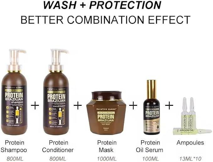 Keratine Queen Pack Protein Brazilian Moistrizing Professional Shampooing, Conditioner,Masque, Huile