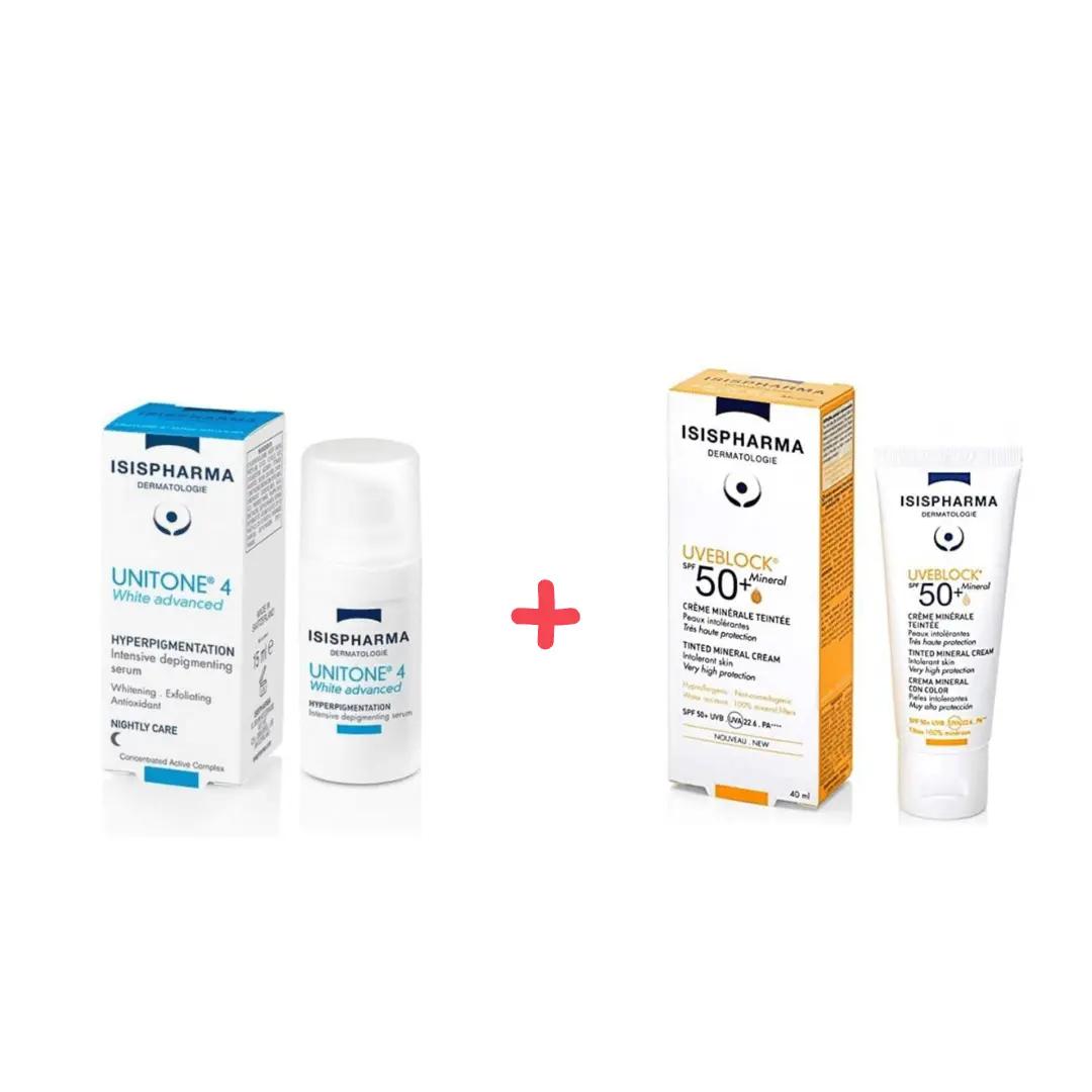 ISISPHARMA PACK UNITONE 4 WHITE ADVANCED SERUM DEPIGMENTANT INTENSIF 15 ML + UVEBLOCK CREME MINERAL TEINTEE OFFERT