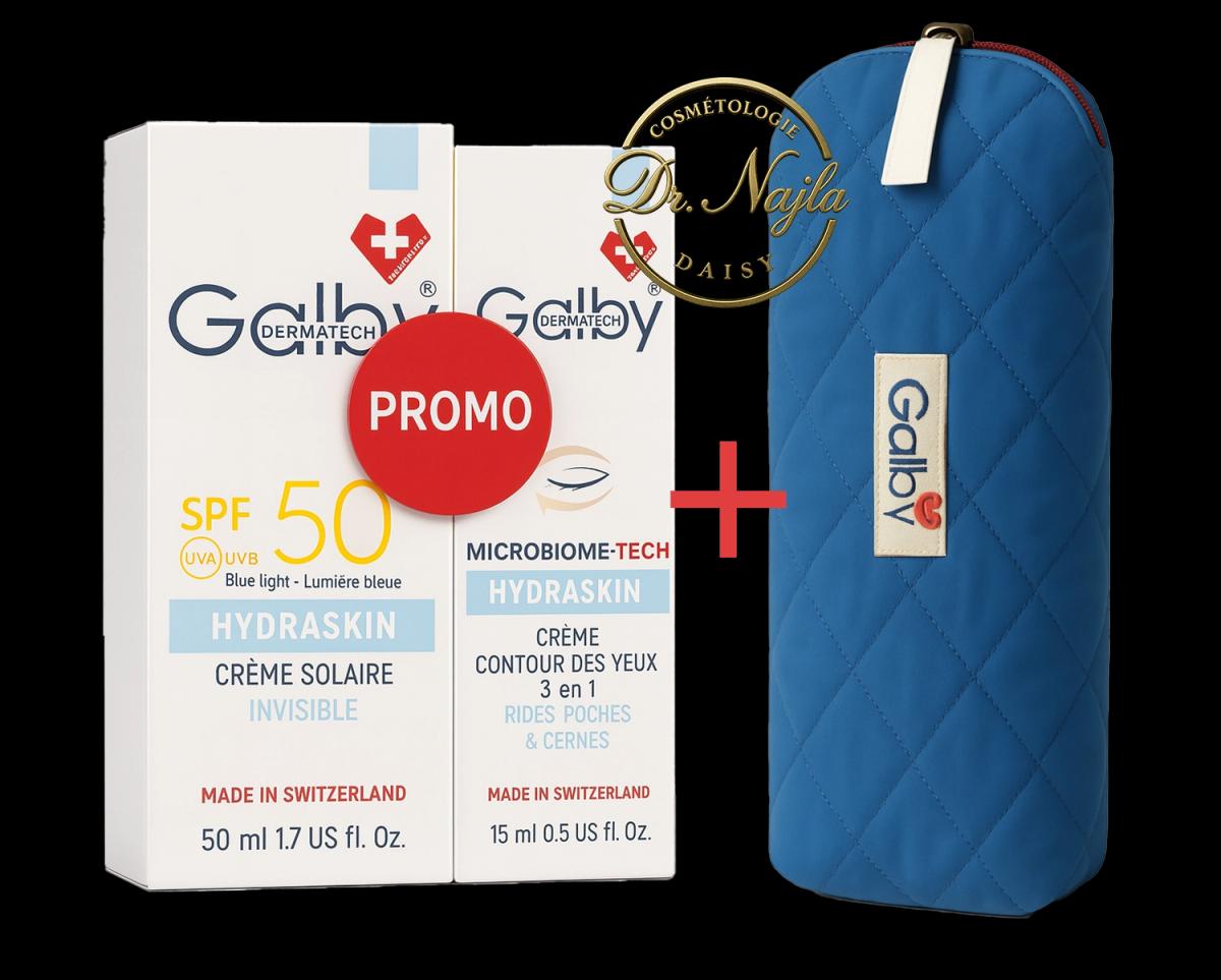 Pack Promo Galby Hydraskin Crème Solaire SPF 50 Invisible + Crème Contour des Yeux 3 en 1 avec Trousse Offerte