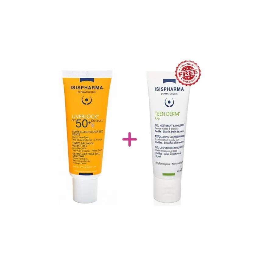 ISIS PHARMA PACK UVEBLOCK ULTRA-FLUIDE TOUCHER SEC TEINTE MEDIUM + TEEN DERM GEL NETTOYANT EXFOLIANT 40ML