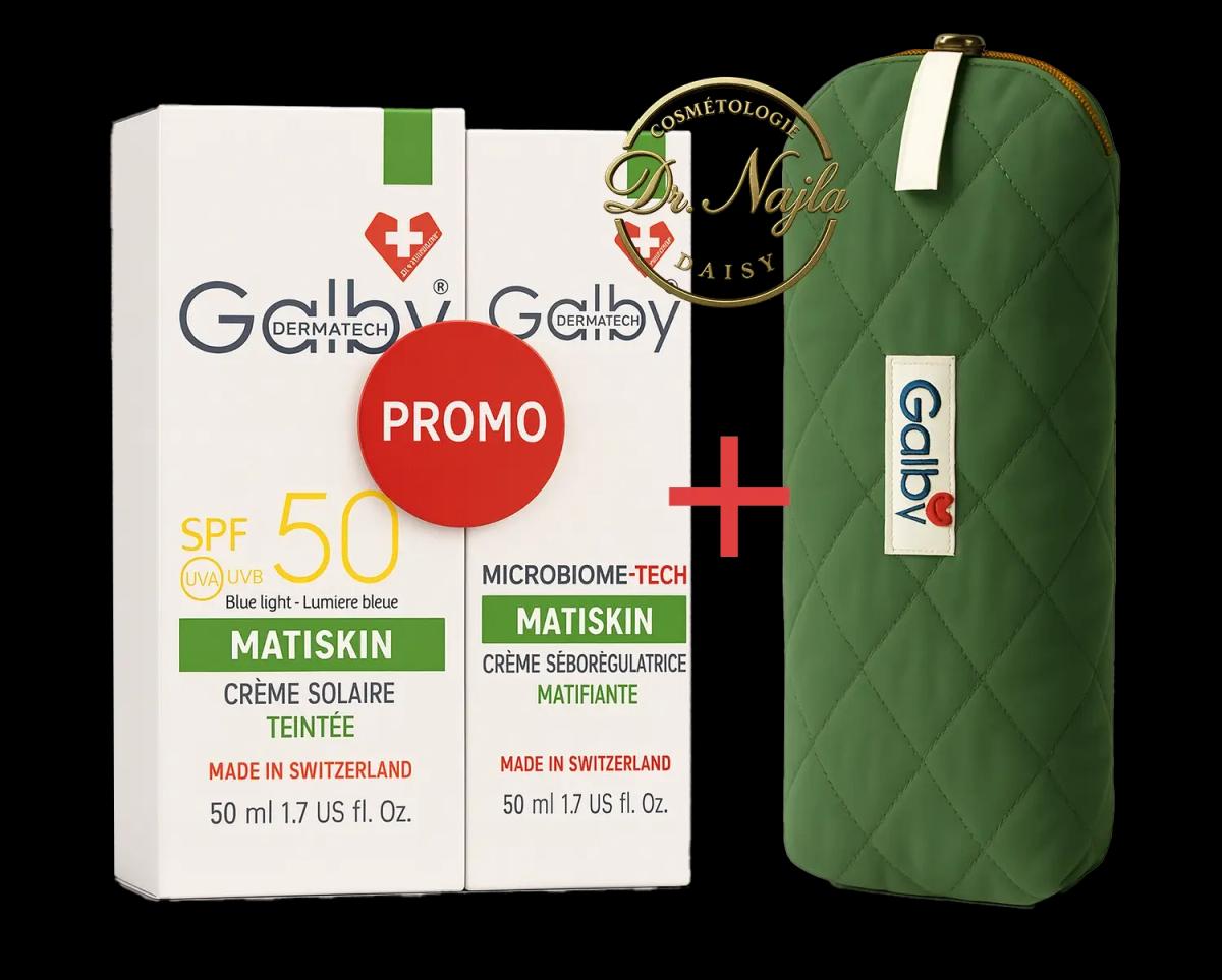 Pack Promo Galby Matiskin Crème Solaire Teintée SPF 50 + Crème Séborégulatrice Matifiante avec Trousse Offerte