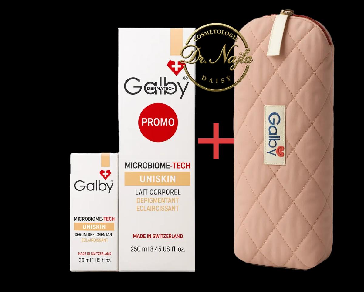 Pack Promo Galby Uniskin Lait Corporel Dépigmentant & Éclaircissant + Sérum Unifiant avec Trousse Offerte