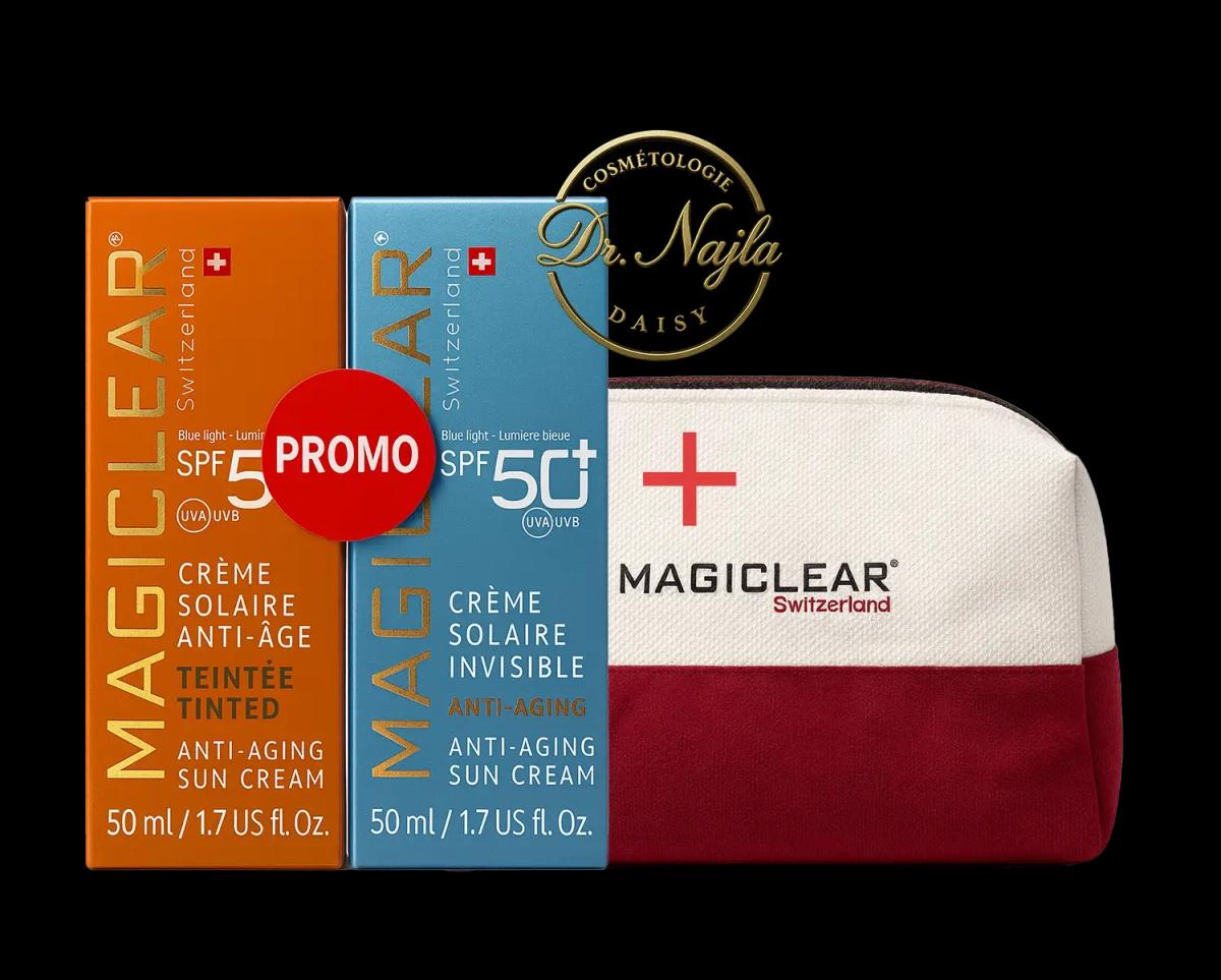 Pack Promo Magiclear Crème Solaire Anti-Âge SPF 50+ Teintée + Crème Solaire Invisible Anti-Âge avec Pochette Offerte