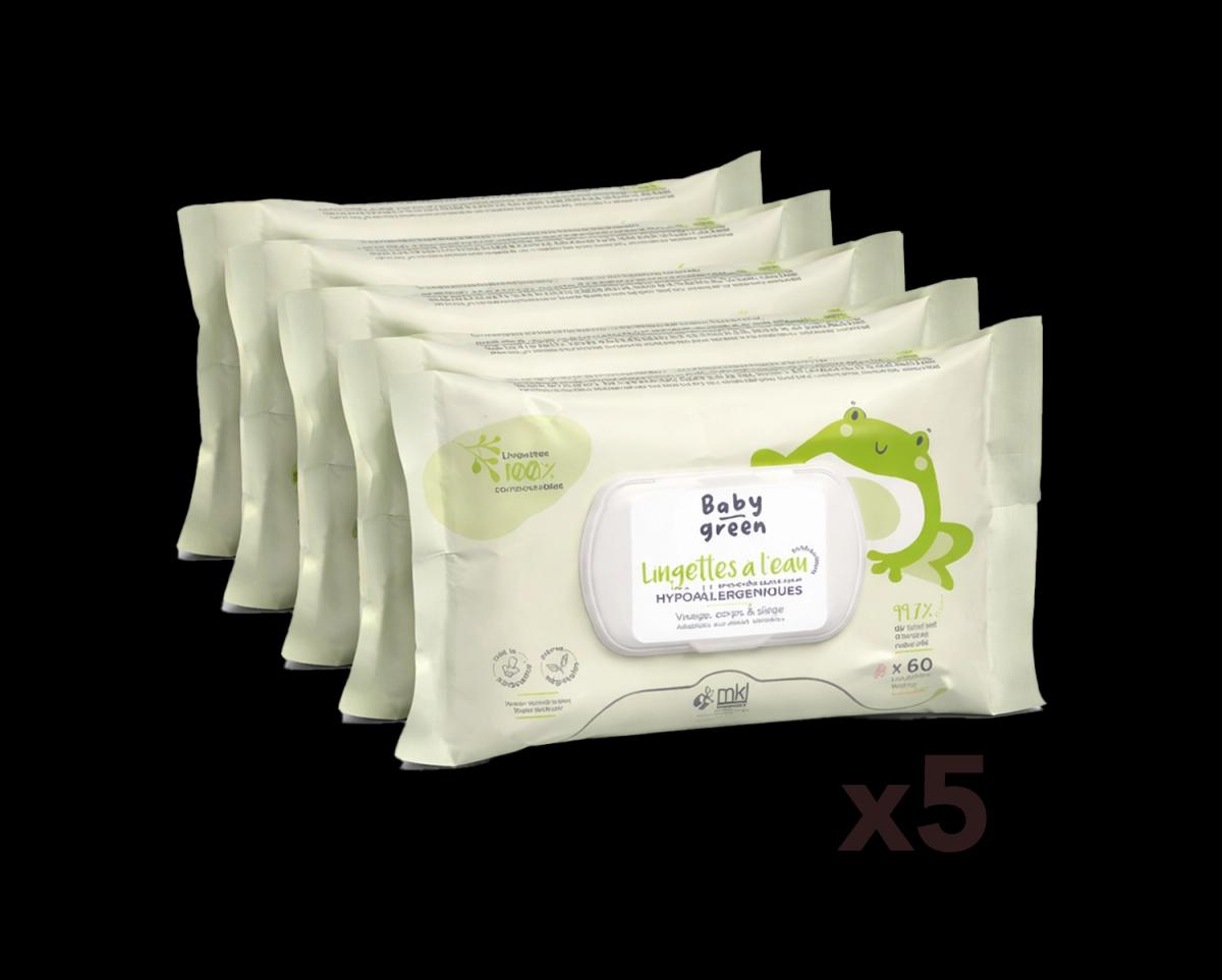 MKL green nature Pack 5x Lingettes Bébé à l'Eau Baby Green Hypoallergéniques