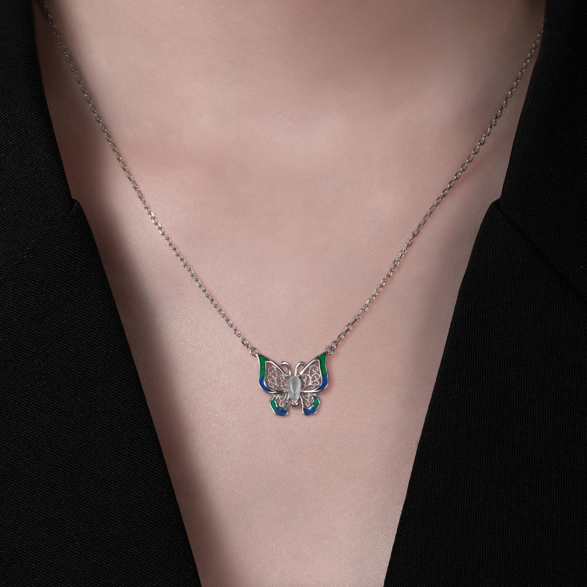 Collier Papillon émaillé bleu et vert