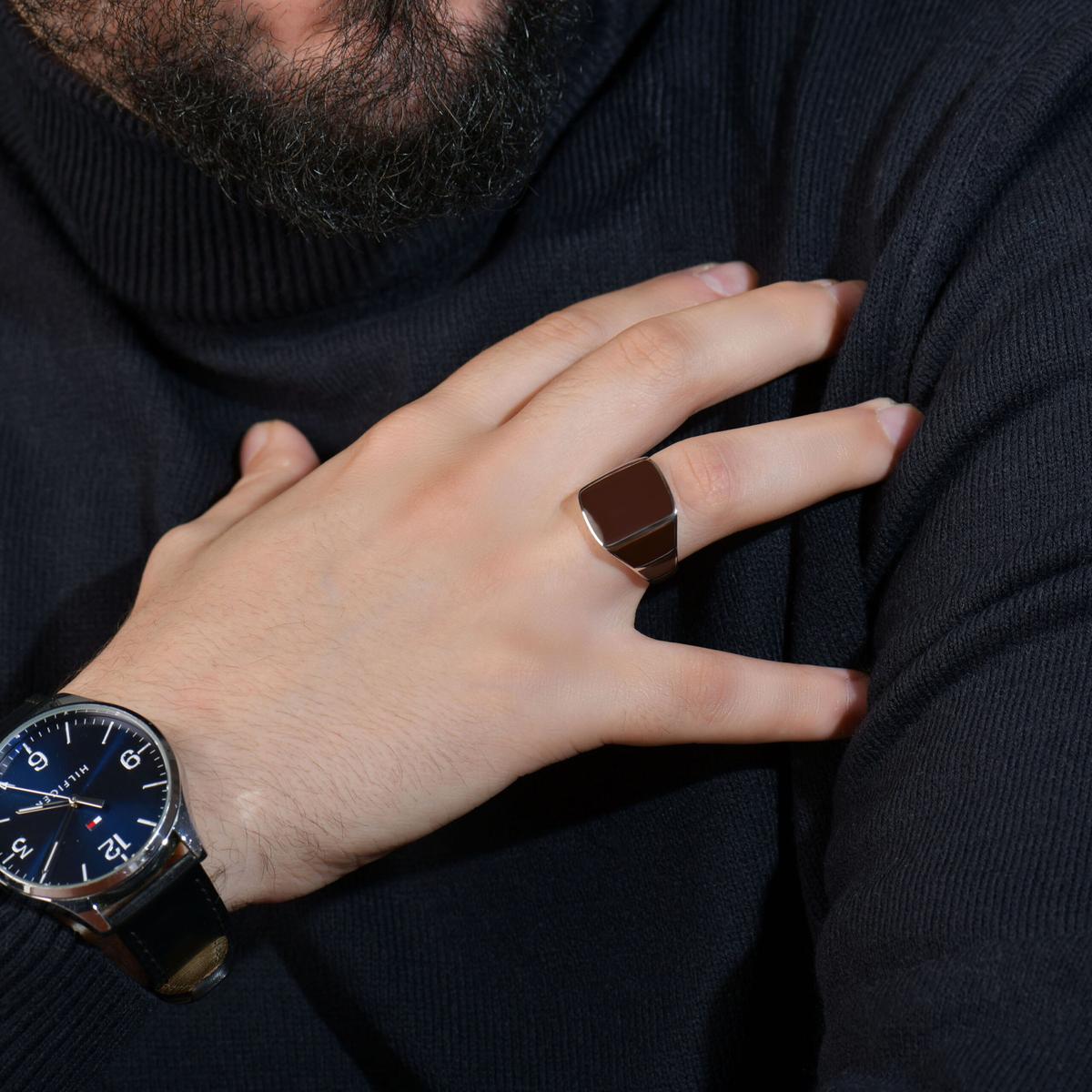 Bague Chevalière Homme en Argent 925 Émail Marron Cognac | Collection Classic Signet
