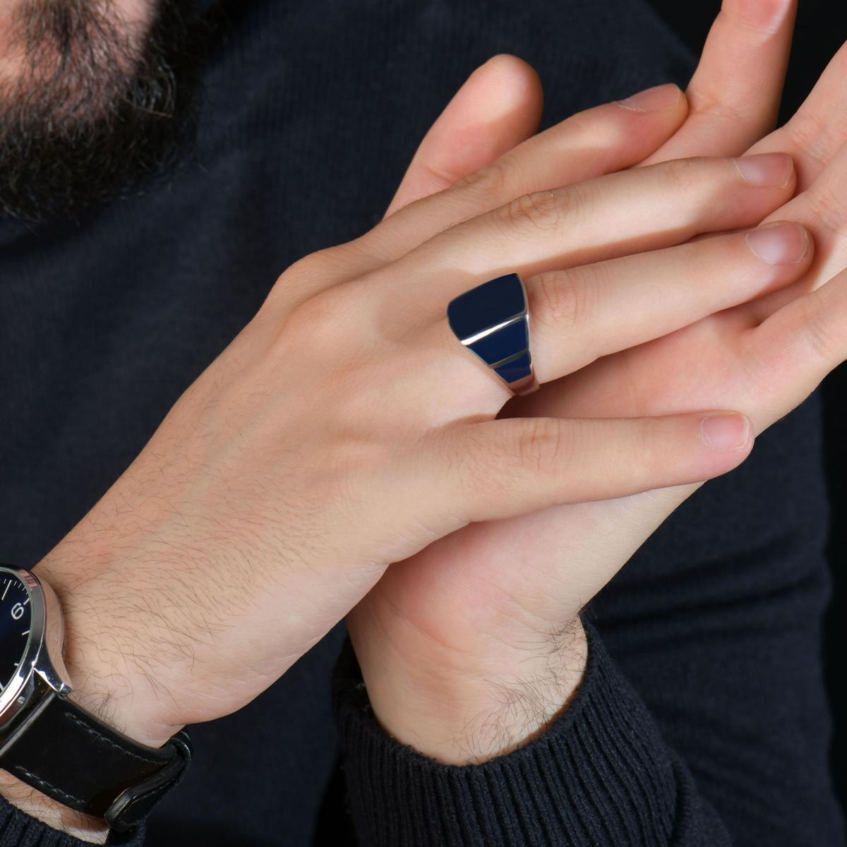 Bague Chevalière Homme en Argent 925 Émail Bleu Royal | Collection Royal Signet