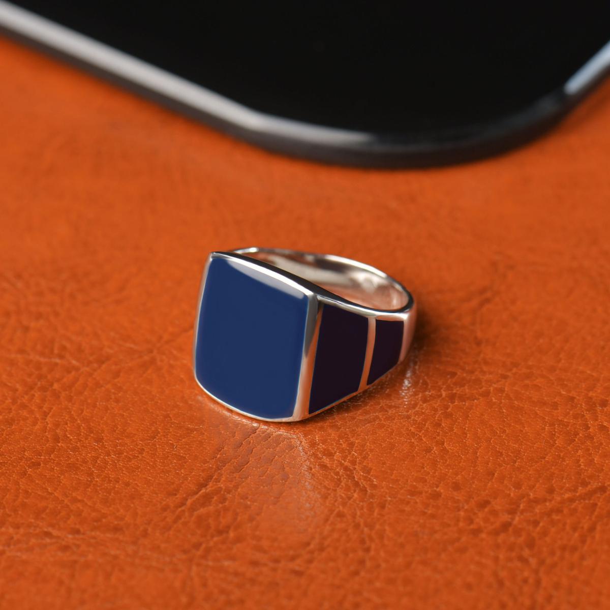 Bague Chevalière Homme en Argent 925 Émail Bleu Royal | Collection Royal Signet