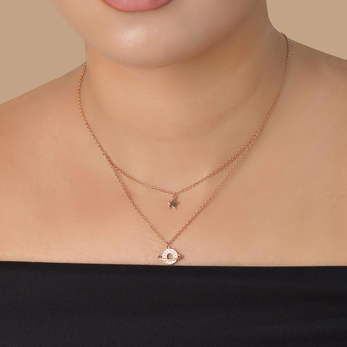 Collier Double Étoile & Planète en Argent 925 Plaqué Or Rose