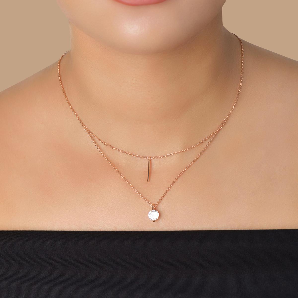 Collier Double Chaîne Argent 925 Plaqué Or Barre & Pendentif Rond