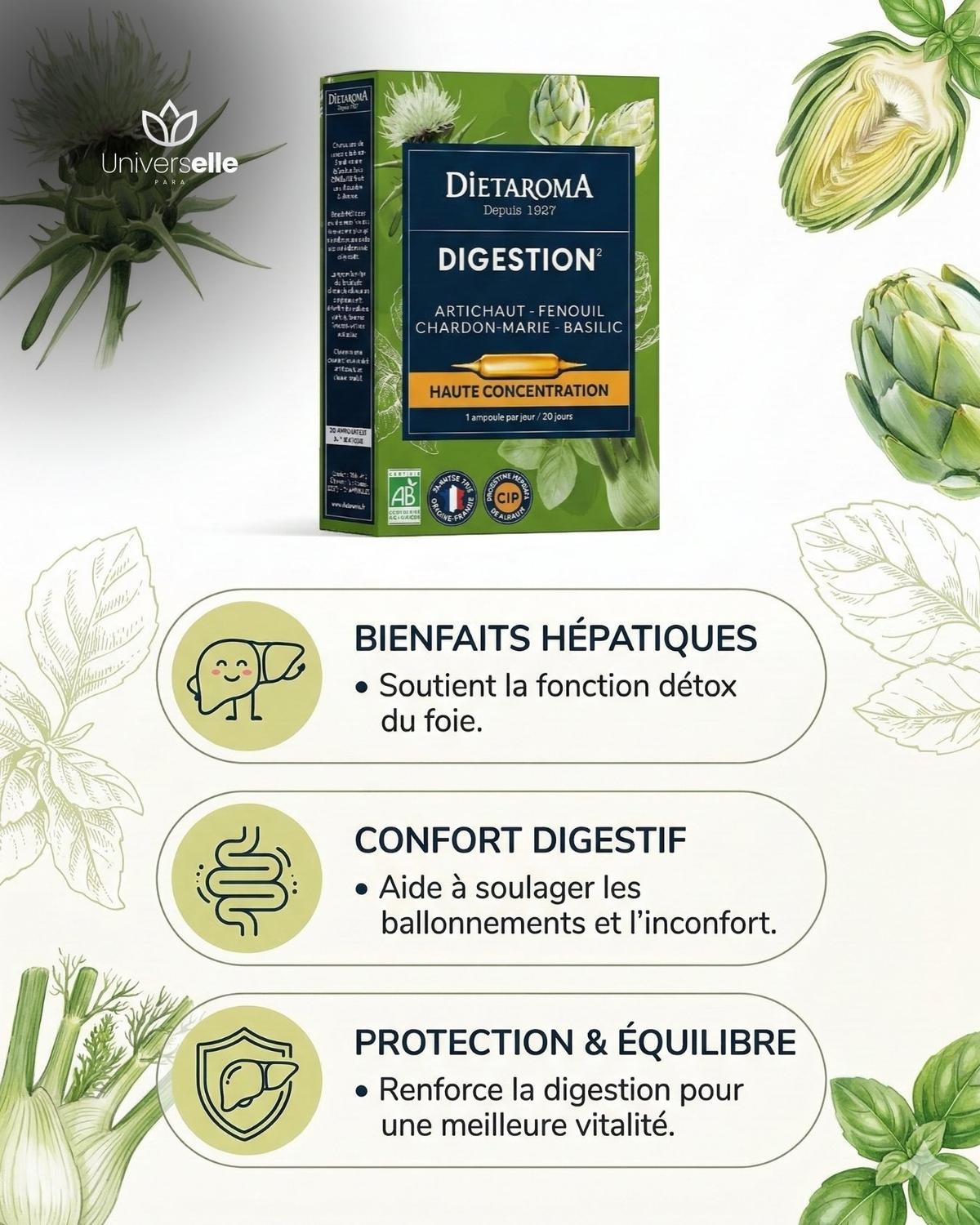 Ampoules Digestion & Détox Foie BIO Dietaroma Digestion² (Cure 20 Jours) Artichaut & Chardon-Marie