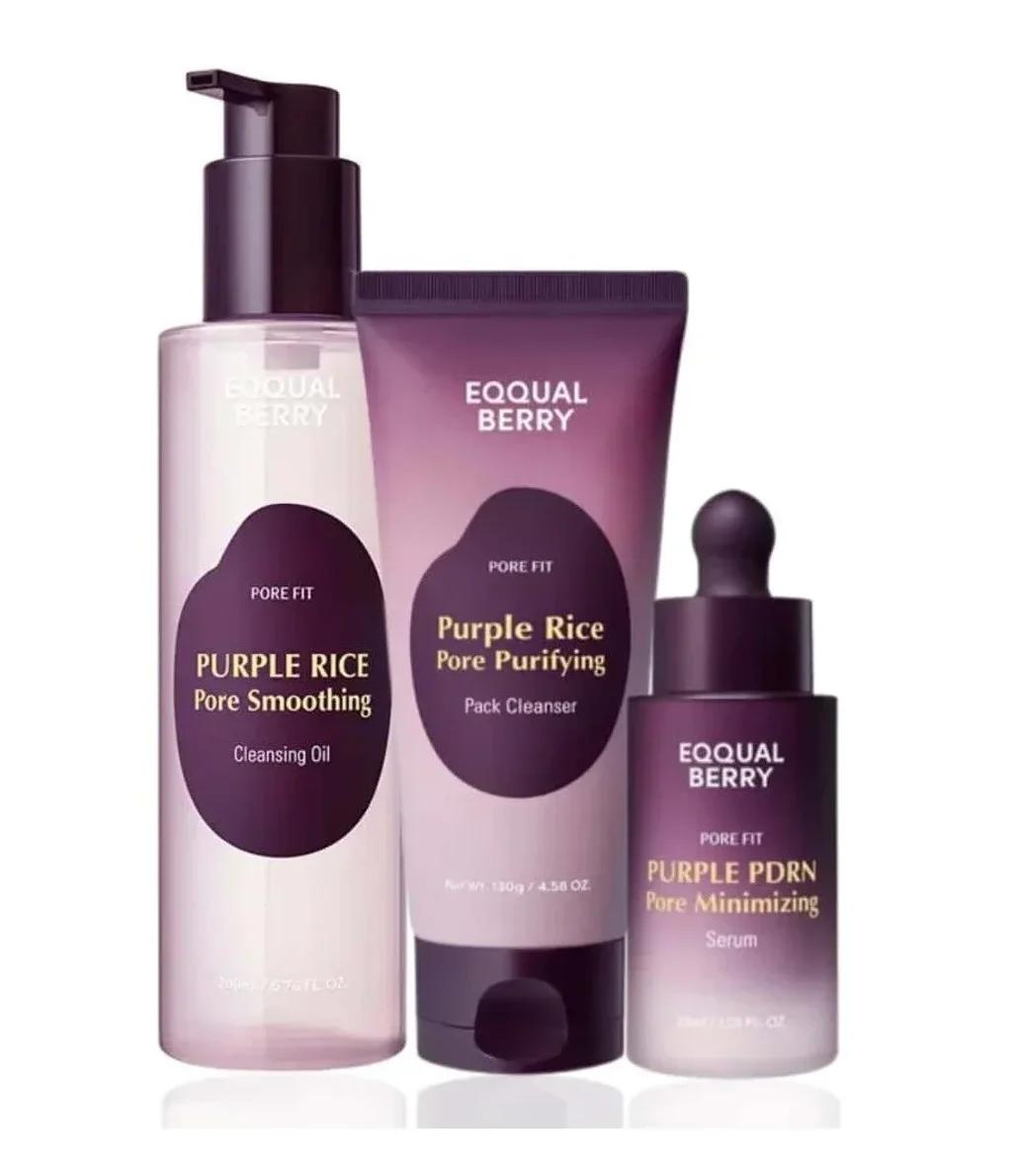 EQQUALBERRY Purple Rice 3-Step Pore Care & Glass Skin Trio Gel et huile nettoyante + Sérum visage Exclusive Kit