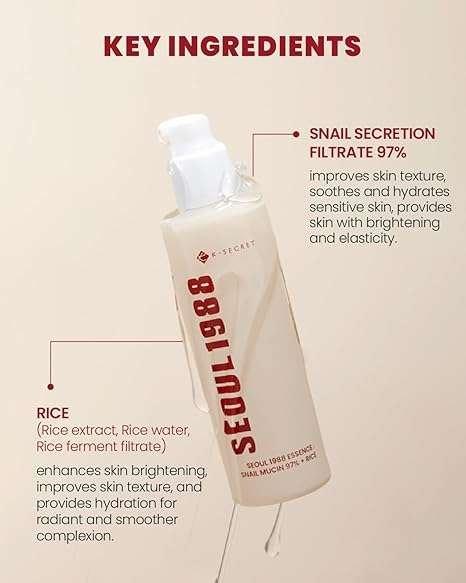 Essence K-SECRET- SEOUL 1988 : Snail Mucin 97% + Rice pour visage 100 ml