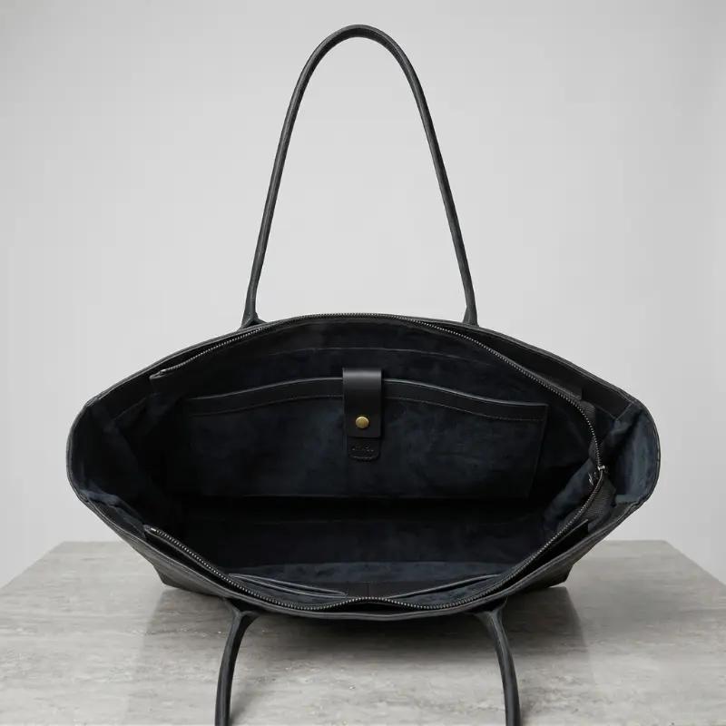 Cabas Cuir Grainé Noir Femme Style Minimaliste