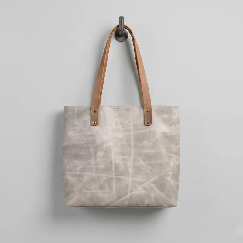 Tote Bag Toile Cirée Beige Anses Cuir Naturel