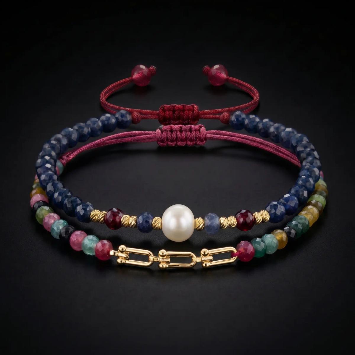 Double Bracelet Or 18K Tourmaline Perle de culture Bleu