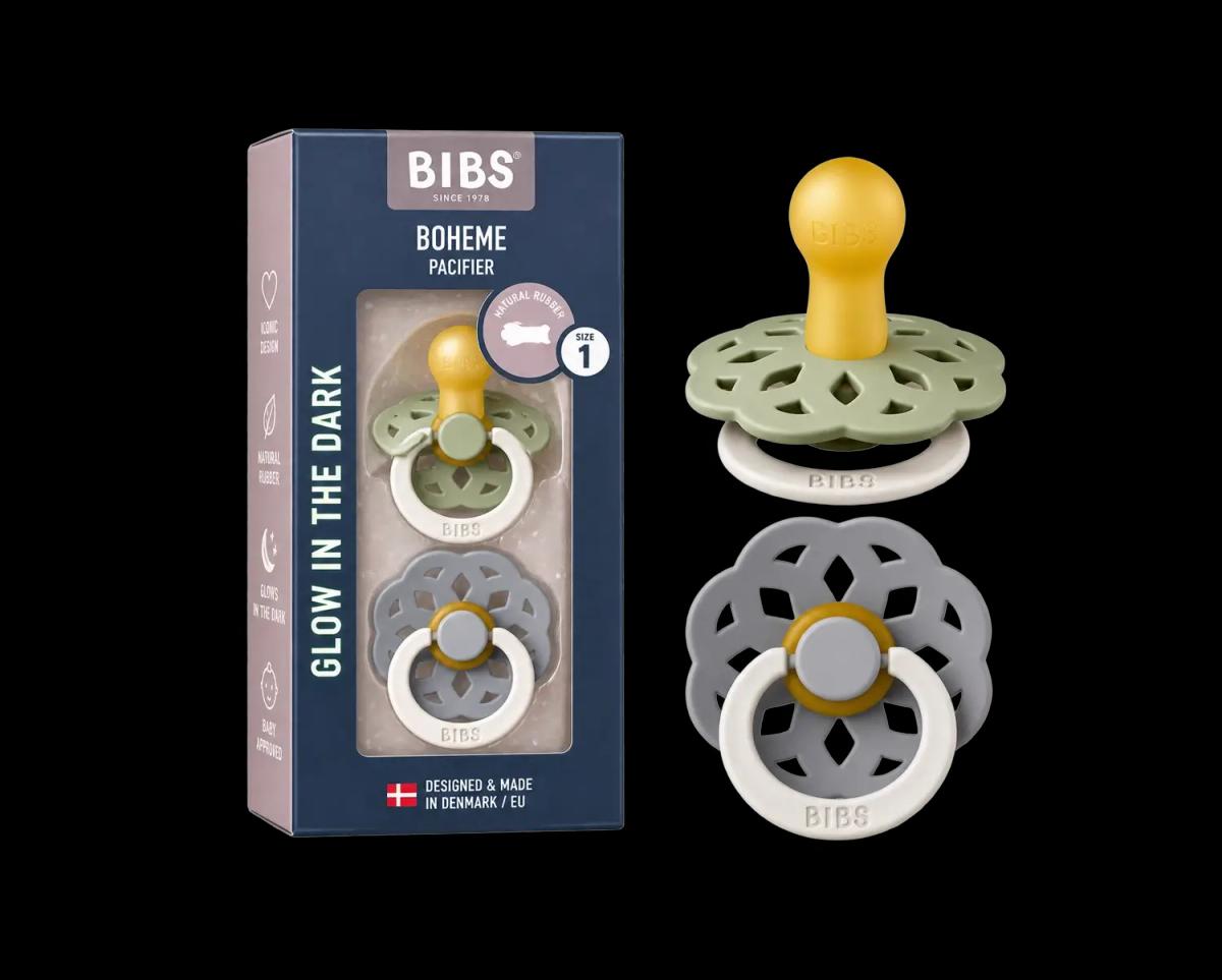 BIBS BOHEME PACIFIER NATURAL RUBBER ROUND SIZE 1 PACK DE 2 GLOW IN THE DARK SAGE GLOW ET CLOUD GLOW