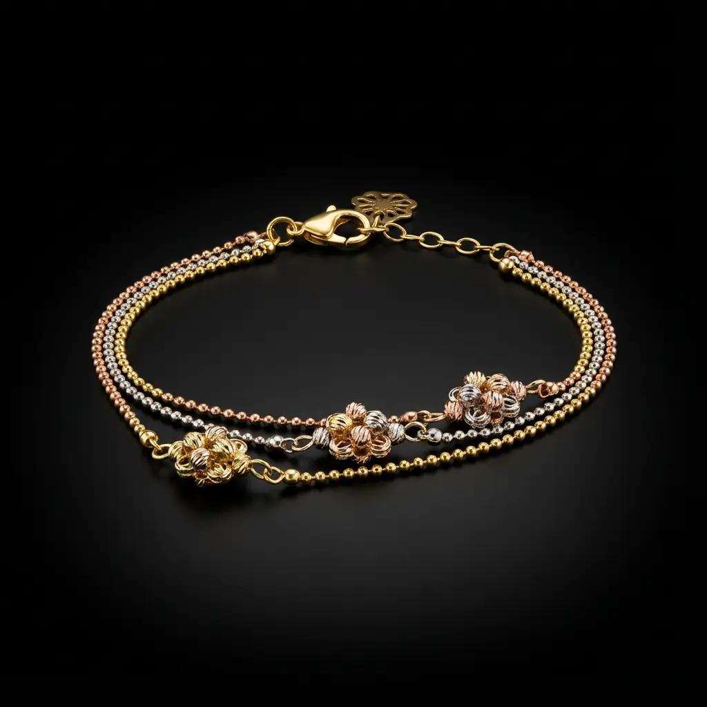 Bracelet Triple Rangs Fleurs Trio Or