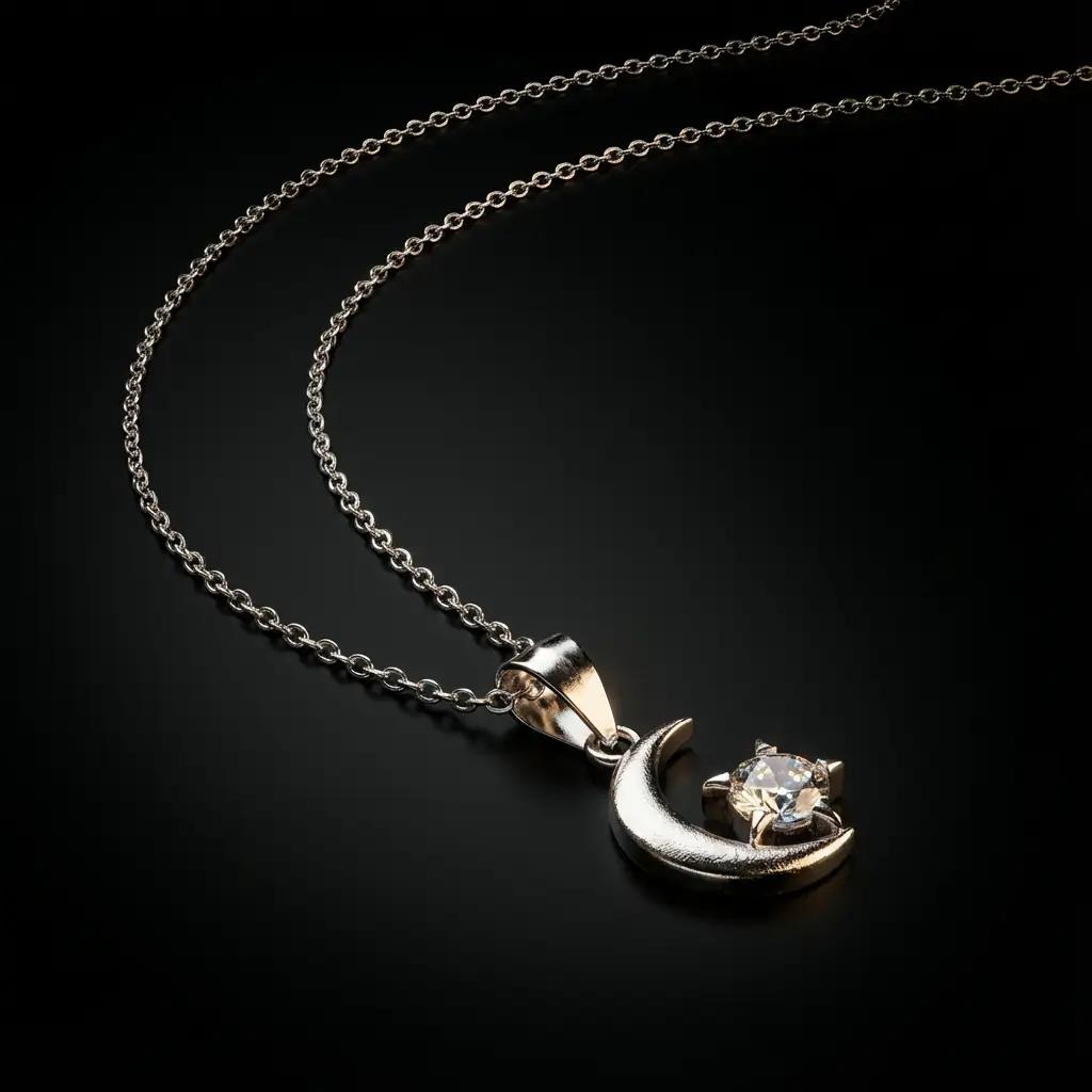Collier Croissant de Lune Étoile Argent 925 Rhodié Zircon Symbole Spirituel